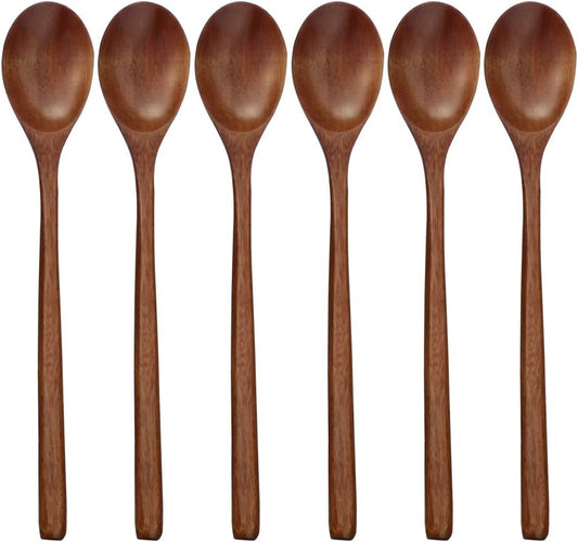 Wooden Spoons, 6 Pieces 9 Inch Wood Soup Spoons for Eating Mixing Stirring, Long Handle Spoon with Japanese Style Kitchen Utensil, ADLORYEA Eco Friendly Table Spoon