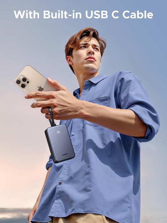 UGREEN 20000mAh 22.5W Power Bank with Built in Cable, USB Type C Portable Charger Battery Pack 3 Output with LED Display Compatible with iPhone 16 15 Pro Max, Galaxy S24 S23, Pixel 8 Pro Series