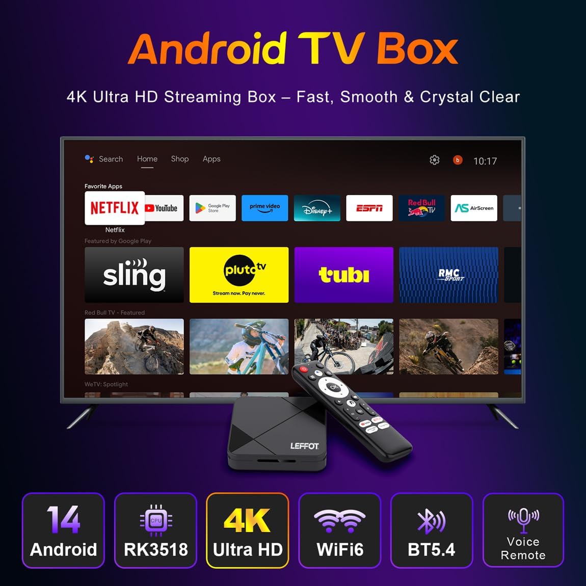LEFFOT Android TV Box 14, 2025Smart 4K UHD Steaming Devices for TV,2GB RAM + 16GB ROM,Home Smat TV Box,with HDR10,2.4G&5G WiFi 6,BT 5.0 RK3518