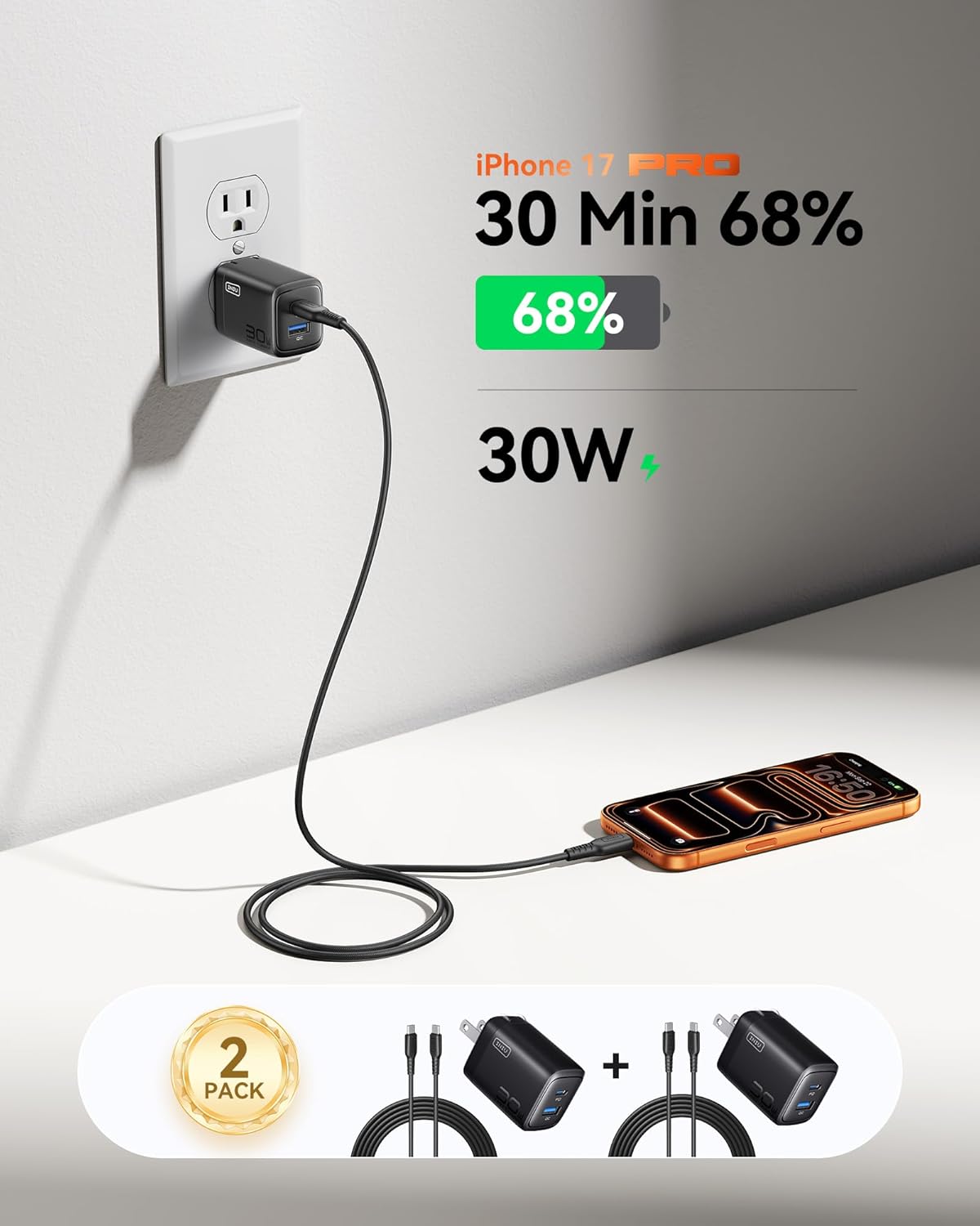 INIU for iPhone 17 16 Charger, 30W GaN Tech USB C Charger Fast Charging, 2-Pack Foldable USB C Charging Block with Cable for iPhone 17 16 Pro Max, MacBook Air 13 M4, Samsung S25 S24, iPad 11 Air