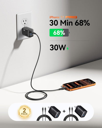 INIU for iPhone 17 16 Charger, 30W GaN Tech USB C Charger Fast Charging, 2-Pack Foldable USB C Charging Block with Cable for iPhone 17 16 Pro Max, MacBook Air 13 M4, Samsung S25 S24, iPad 11 Air