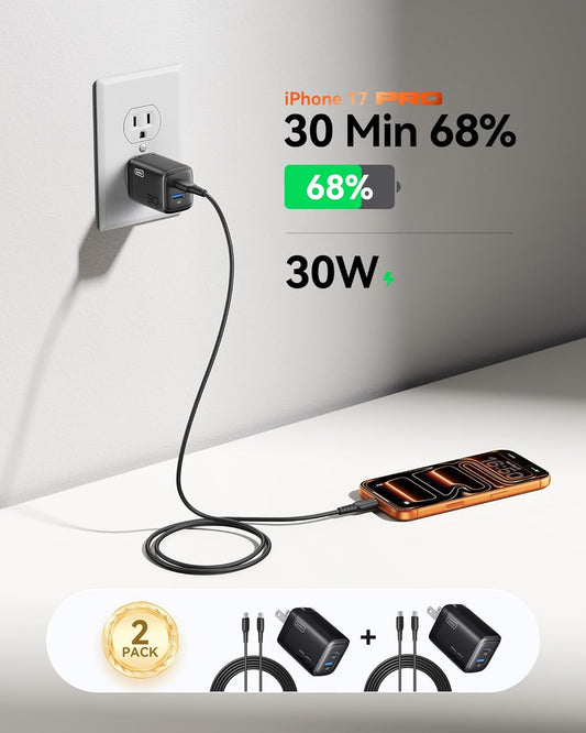 INIU for iPhone 17 16 Charger, 30W GaN Tech USB C Charger Fast Charging, 2-Pack Foldable USB C Charging Block with Cable for iPhone 17 16 Pro Max, MacBook Air 13 M4, Samsung S25 S24, iPad 11 Air