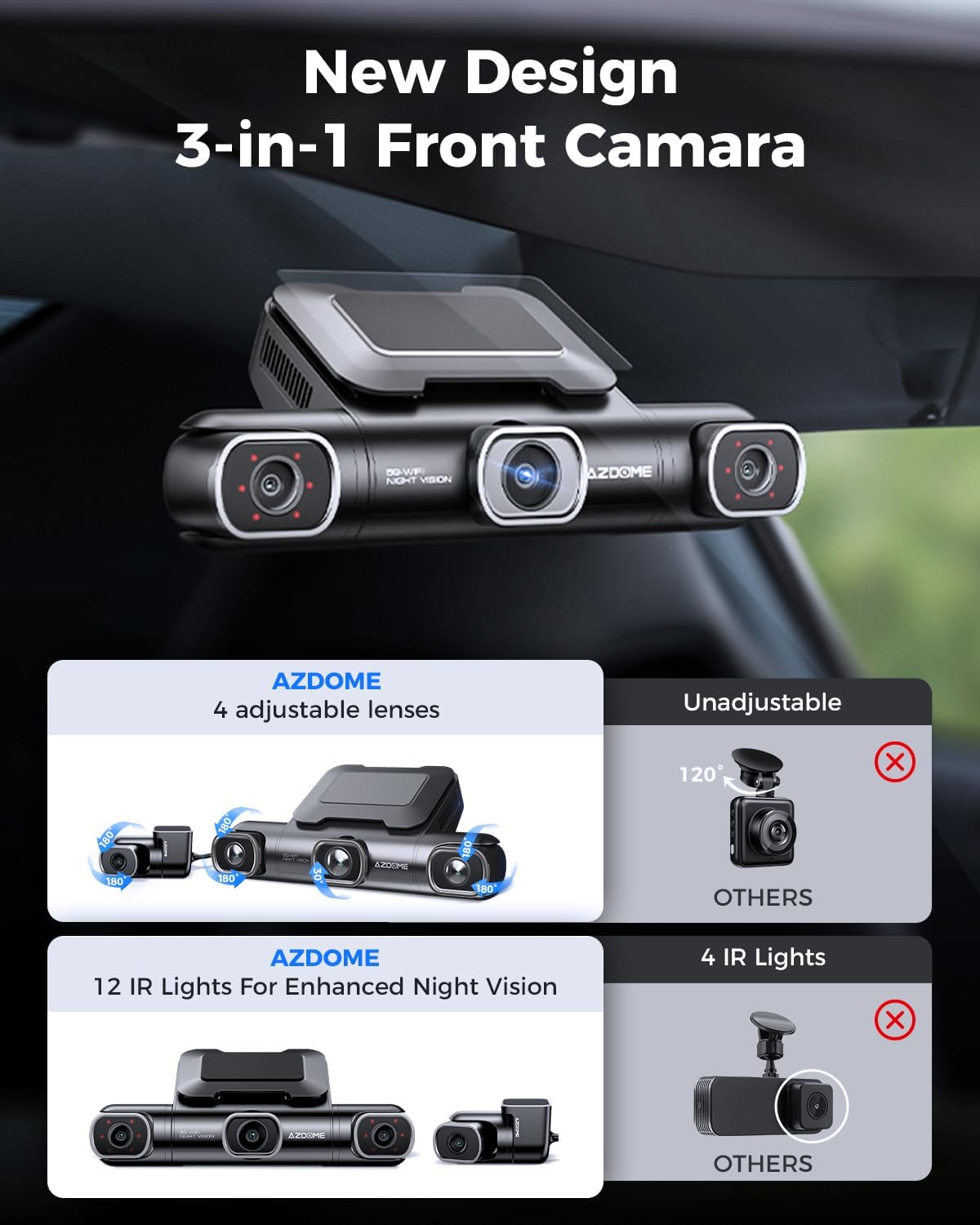 AZDOME M660 360° 4 Channel Dash Cam, Built-in 128GB eMMC, 2K+1080P*3 Dashcam Front and Rear Inside Left Right, Voice Control, 5G WiFi Dash Camera for Cars with 4 Adjustable Lenses, IR Night Vision