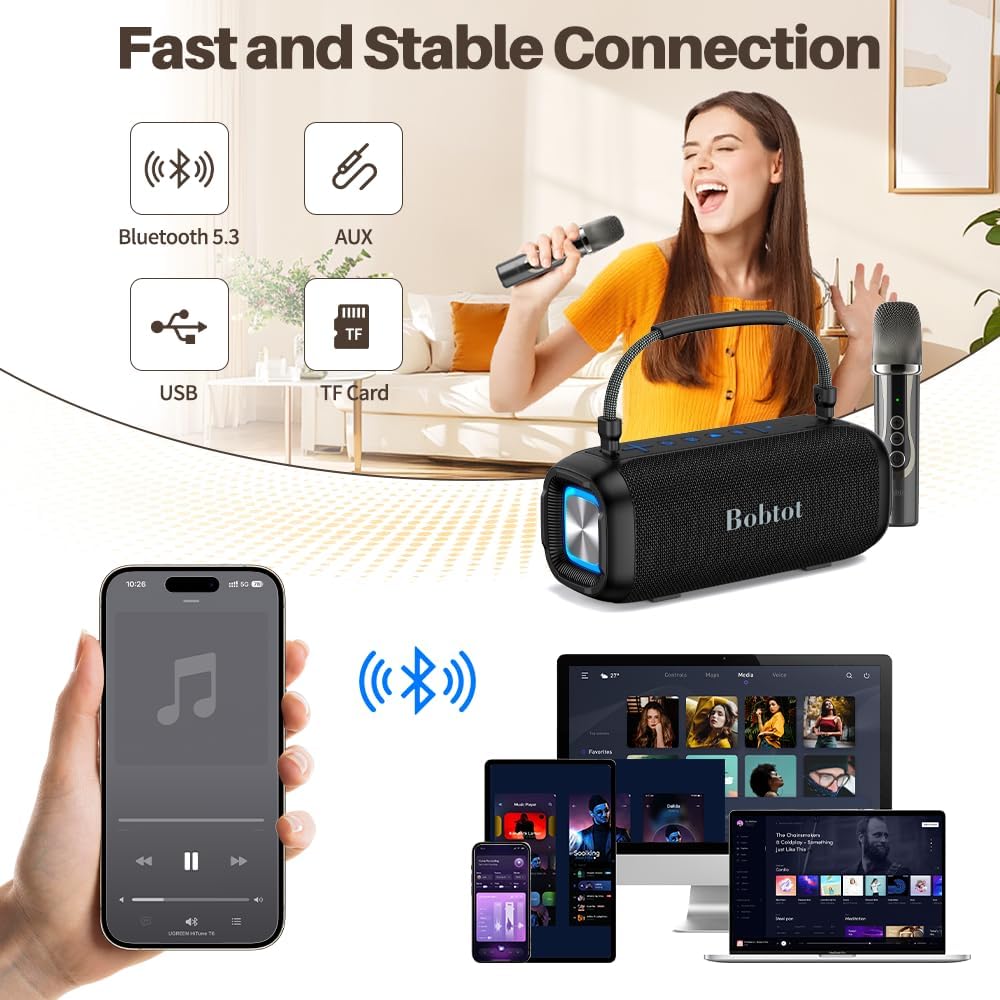 Portable Karaoke Machine, Bluetooth Speaker with Microphone, Three Echo Levels, Indoor and Outdoor Modes, IPX6, BT 5.3, Supports AUX, TF, USB
