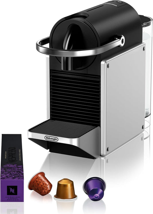 Nespresso Pixie Single Serve Pod Espresso Machine Aluminum By De'Longhi. Compact espresso machine, 19-bar pressure, fast heat-up, 2 cup sizes, brews the full range of espressos.