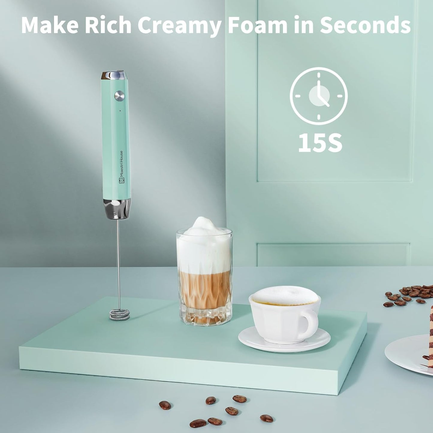 Maestri House Rechargeable Milk Frother, Handheld Electric Foam Maker Waterproof Detachable Stainless Steel Whisk Drink Mixer Foamer for Lattes, Cappuccino, No Stand (Black)，LunaFro NS