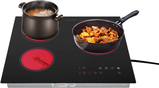 3 Burner Electric Cooktop 110v, 23 Inch Portable Stove Cooktop with LED Display, Child Safety Lock and Timer, 2600W 9 Power Level Electric Ceramic Built-in Stovetop, Hard Wire (No Plug)