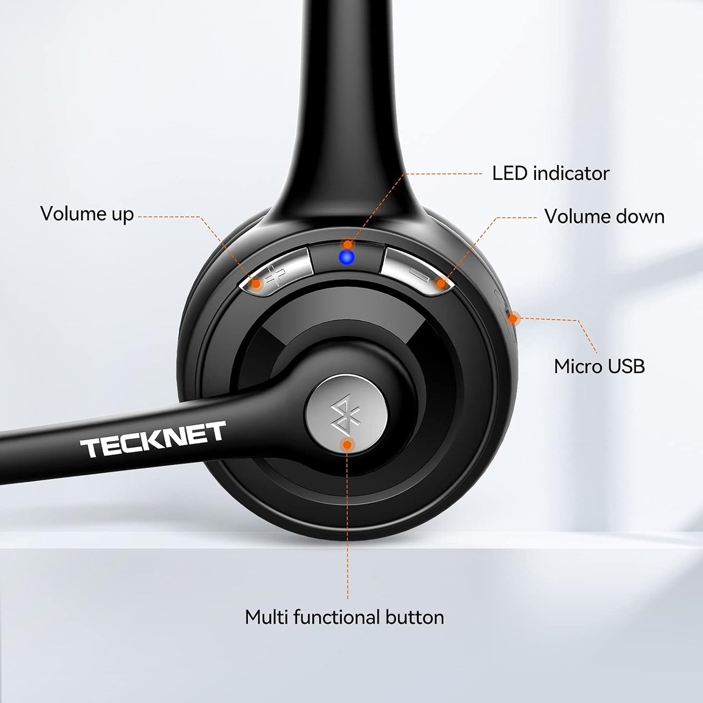 TECKNET Wireless Headset, Bluetooth Headphones with Noise Cancelling Microphone for Trucker, Hand Free Wireless Headset with Mute Mic for Cellphone/PC/Home/Office/Call Center