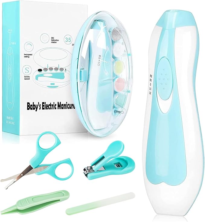 Baby Electric Nail Trimmer Kit - Infant Electric Nail Clippers with Light - 18 in 1 Newborn Nail Filer Electric for Toddler Toes and Fingernails Polish Trim - UHFi Kids Adults Nail Care Tool Set -Blue