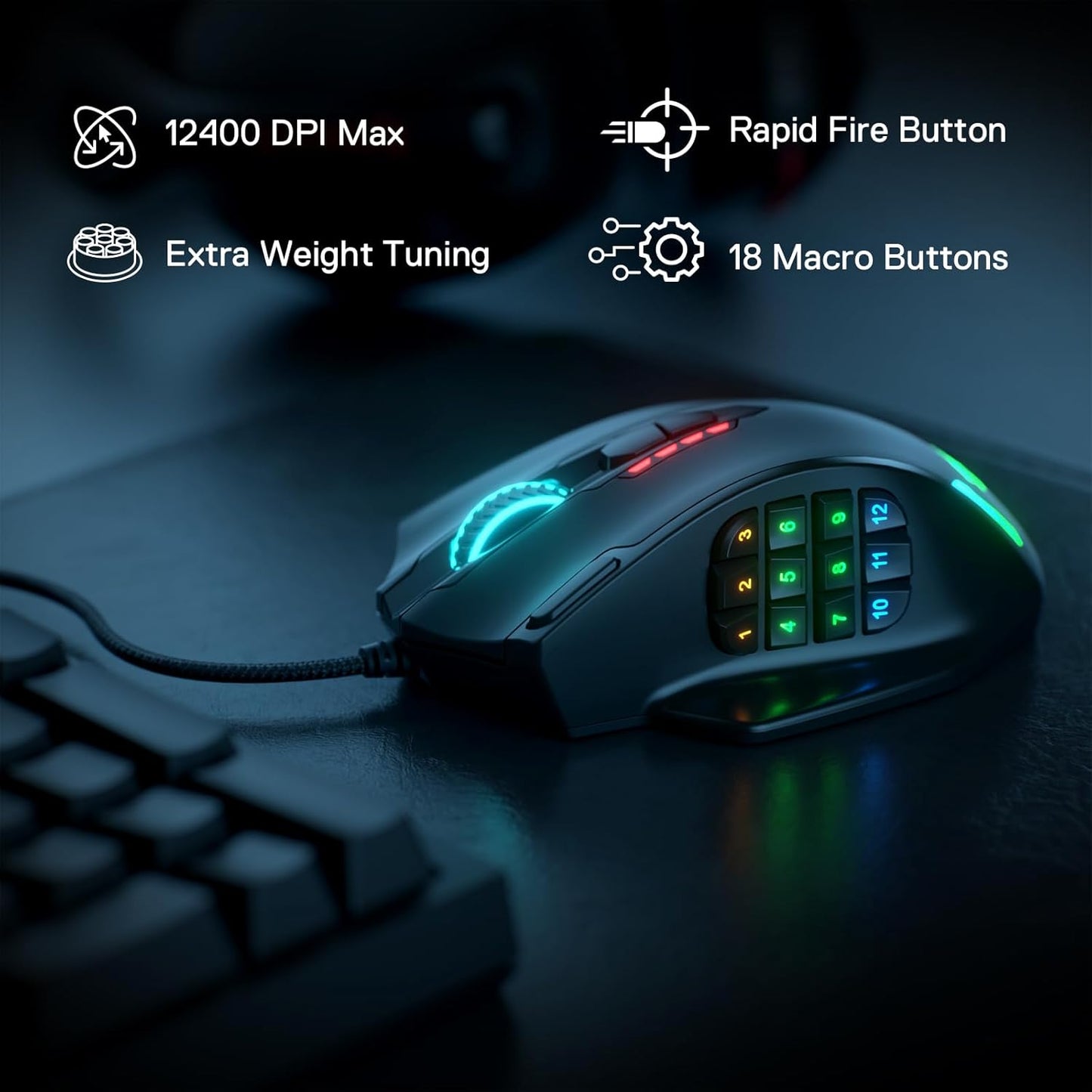 Redragon M913 Impact Elite Wireless Gaming Mouse, 16,000 DPI Wired/Wireless RGB Mouse with 16 Programmable Buttons, 45 Hr Battery and Pro Optical Sensor, 12 Side Buttons MMO Mouse