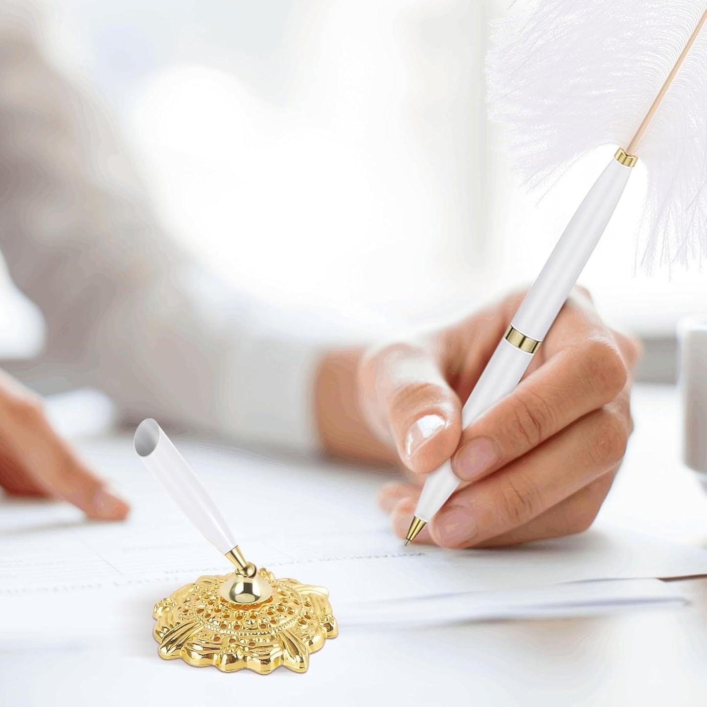 Hemobllo Fancy Pen: Creative Natural Ostrich Quill Pen with Gold Holder Base for Wedding Engagement Party, Guest, Office, Signing - Black Ink - PuriLite