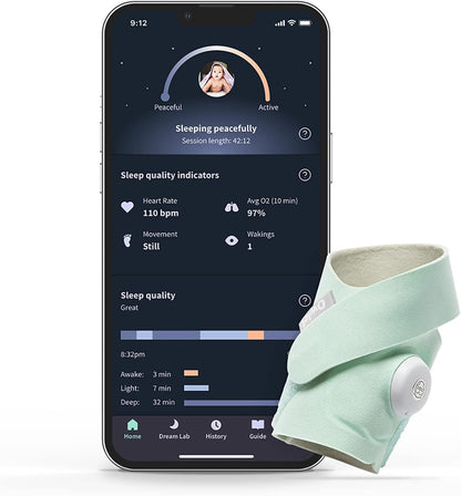 Owlet Dream Sock - Smart Baby Monitor View Heart Rate and Average Oxygen O2 as Sleep Quality Indicators. Wakings, Movement, and Sleep State. Digital Sleep Coach and Sleep Assist Prompts, Mint