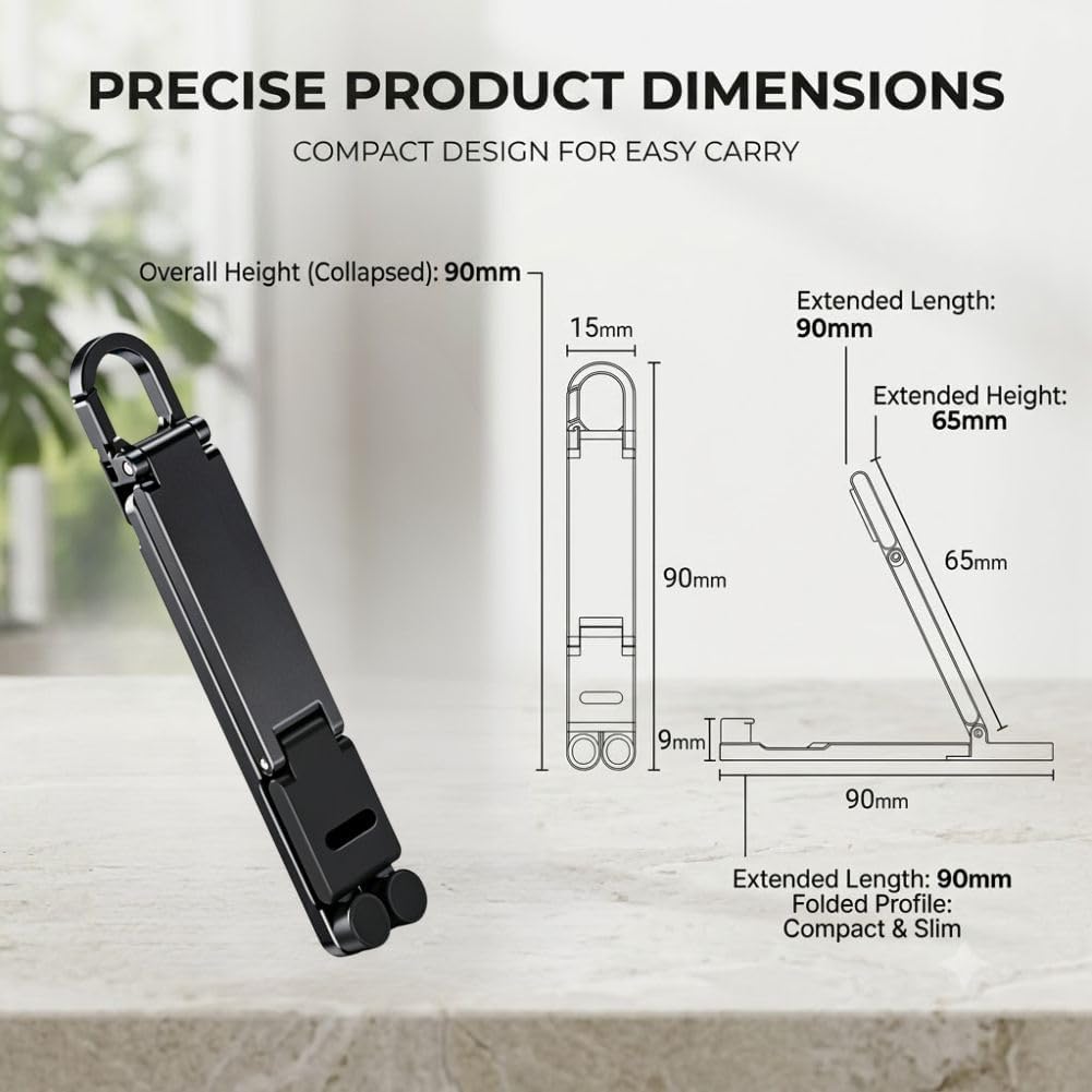 Portable Mini Aluminum Phone Stand, Ultra-Compact Foldable Holder，7PC Mixed Universal Phone Stand with Solid Alloy Body, Built-in Keychain Hook, Fully Adjustable Desktop Support Design for Most Phones