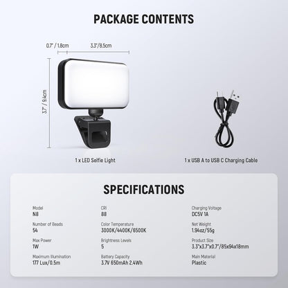 NEEWER Entry Level Version LED Selfie Light, 54 LEDs Plastic Clip on Phone Fill Lighting for iPhone, CRI88 650mAh, Portable for Computer Laptop Webcam Zoom Video Conference Makeup Recording, N8