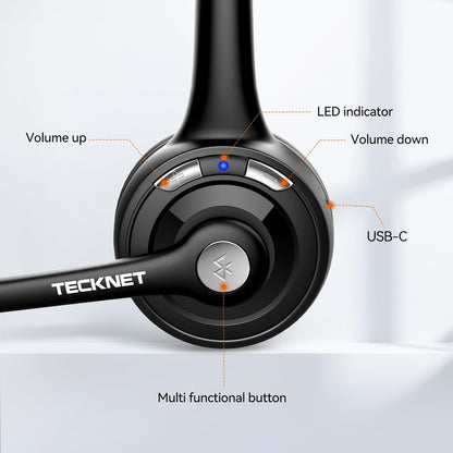 TECKNET Wireless Headset, Bluetooth Headphones with Noise Cancelling Microphone for Trucker, Hand Free Wireless Headset with Mute Mic for Cellphone/PC/Home/Office/Call Center