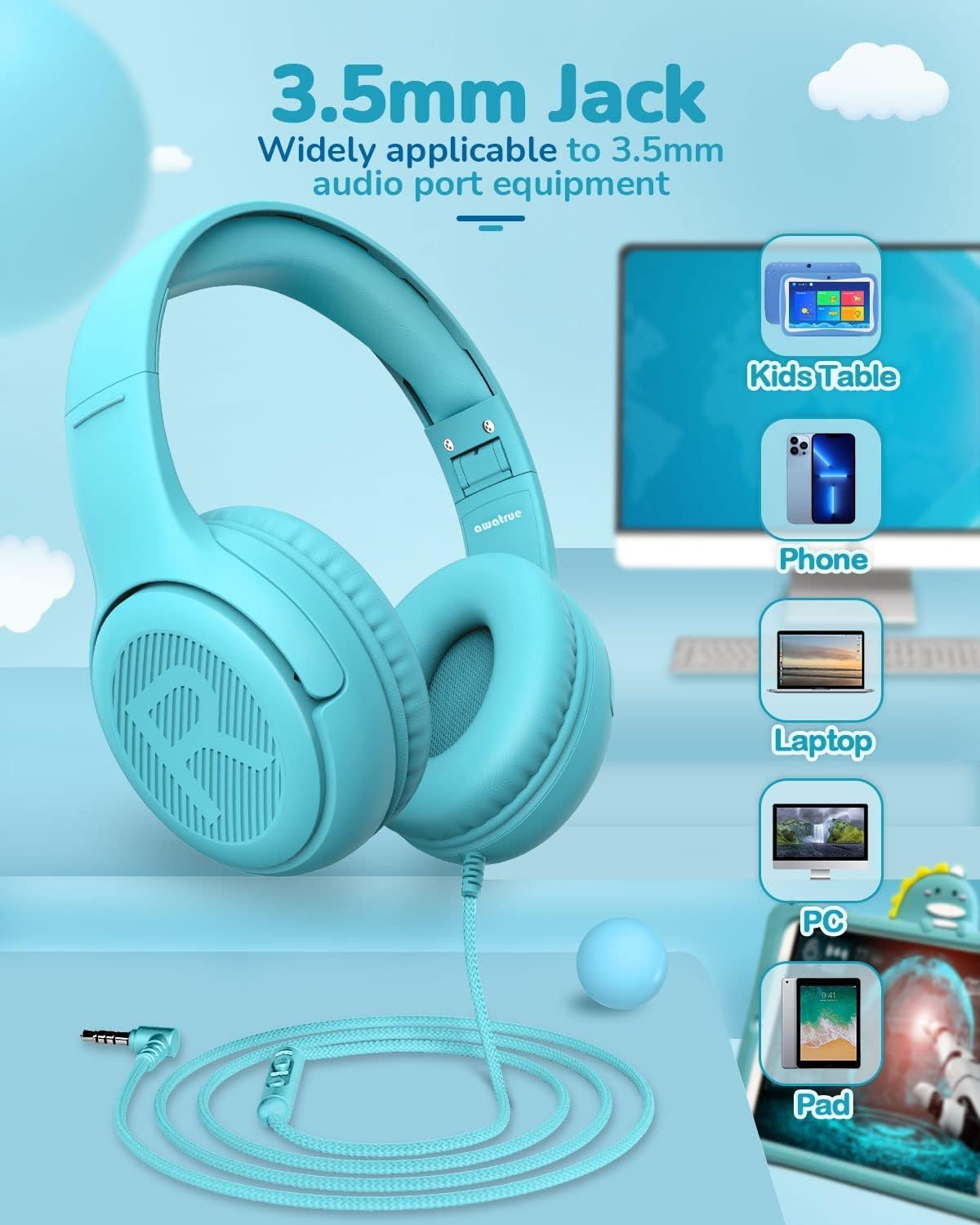 awatrue Kids Headphones with Microphone, Wired Headphones for Kids 85/94dB Safe Volume Limit, Over Ear Headsets, Boys Girls Childrens Headphones for School/Travel/Fire Tablet/BlueOrange