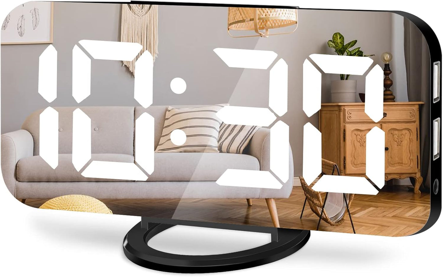Digital Alarm Clock,Large LED Mirror Display, 2 USB Charging Ports，Auto Dim Mode，Modern Design Clock for Bedroom Office, White