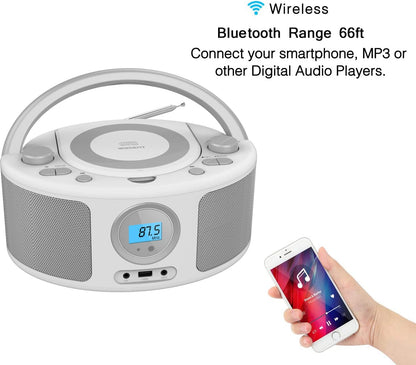 Portable CD Player Boombox with Bluetooth,FM Radio Stereo,USB MP3 Playback,CD-R/CD-RW/MP3-CD Compatible,3.5mm Headphone Jack, AC/Battery Powered, Programmable CD Player