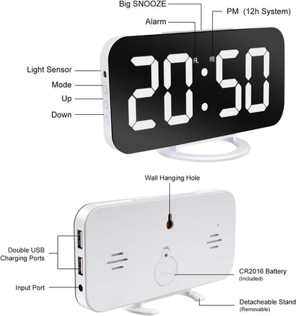 Digital Alarm Clock,Large LED Mirror Display, 2 USB Charging Ports，Auto Dim Mode，Modern Design Clock for Bedroom Office, White