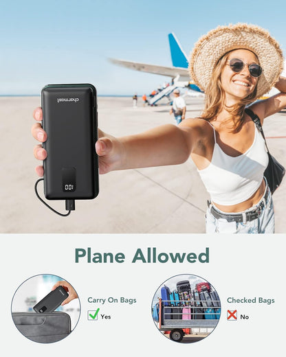 Charmast 10000mAh Portable Charger with Built-in Cables and AC Wall Plug,USB C Battery Pack Power Bank,5 Output 2 Input Battery Pack Compatible with iPhone 16/15/14/13/12,Andriod Series