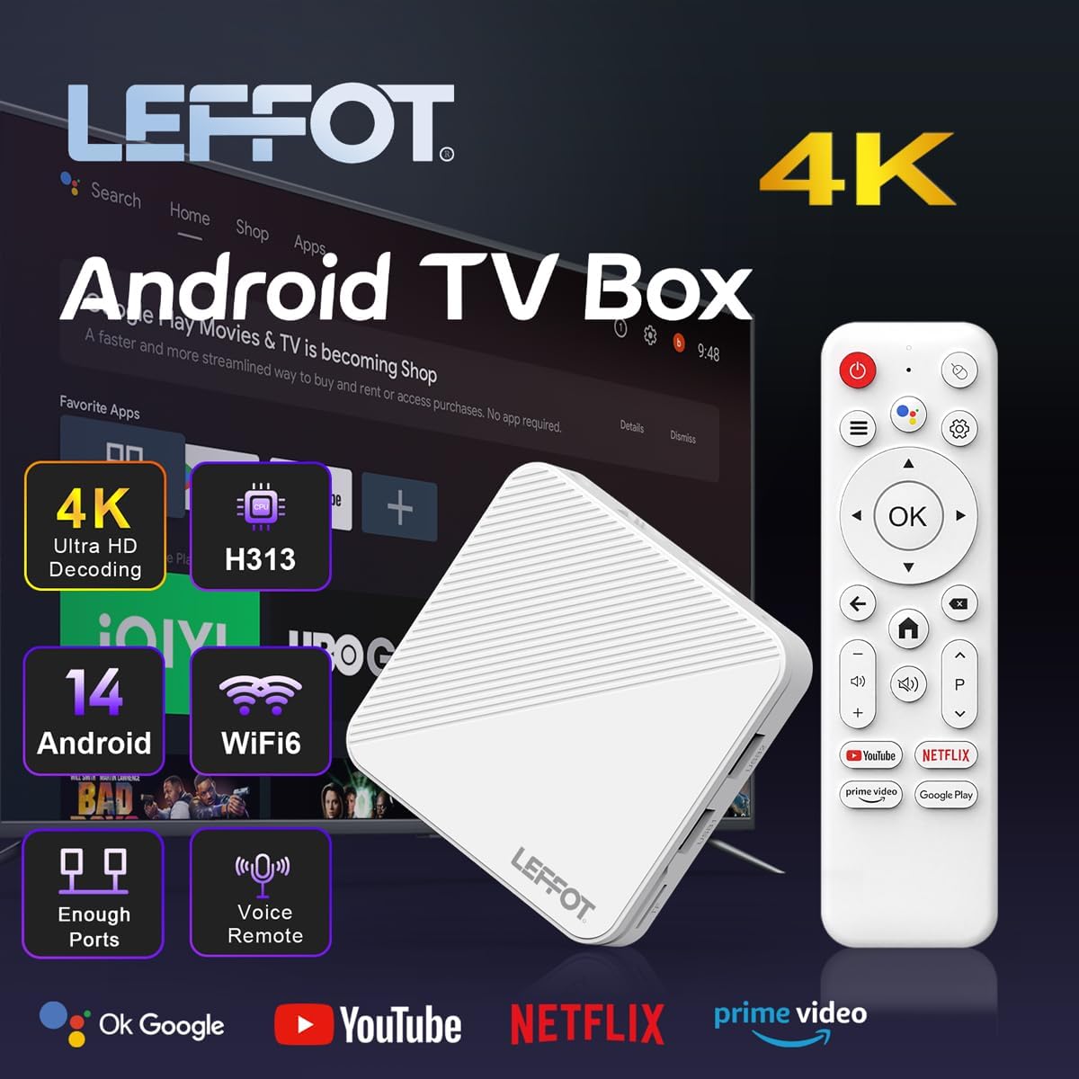 LEFFOT Android 14.0 TV Box 2025, H313 4K Ultra HD Streaming Device for TV, 2GB RAM + 16GB ROM, Smart TV Box with HDR10, Voice Control, 2.4G & 5G WiFi 6, 100M Ethernet, H313 Quad Core ARM Cortex A53
