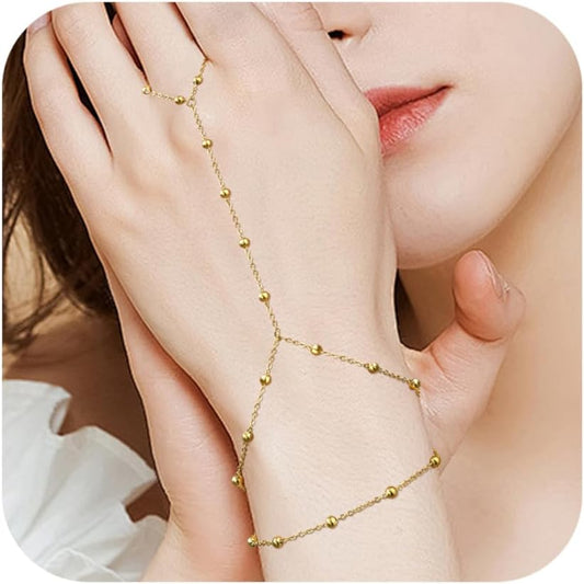 Hand Chain Ring Bracelet For Women, 14k Gold Plated Dainty Cubic Zirconia Minimalist Finger Ring Bracelet, Trendy Stuff Jewelry Gifts To Wife Girfriend Daughter Sister BBF, 17.5cm/7.5cm
