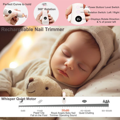 Royal Angels Rechargeable Baby Nail Clippers 20 in 1, Safe Electric Nail Trimmer, Baby Nail Kit, Additional Replacements, Newborn Toddler Toes and Fingernails, Trim and Polish (Rechargeable, Snow)