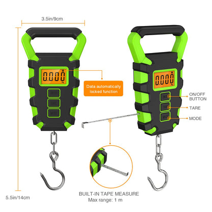 JXTZ Digital Fishing Scale, 110 lb / 50 kg Digital Luggage Scale with Backlit LCD Display, IPX4 Waterproof Hanging Scale with Measuring Tape, for Ice Fishing, Home Outdoor, Batteries Included - Green