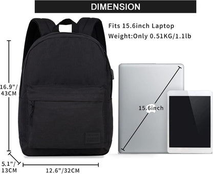 SUPACOOL Casual Laptop Backpack with USB Charging Port for Men and Women, School Bookbag for College, Lightweight Pack Back(Dark Black)