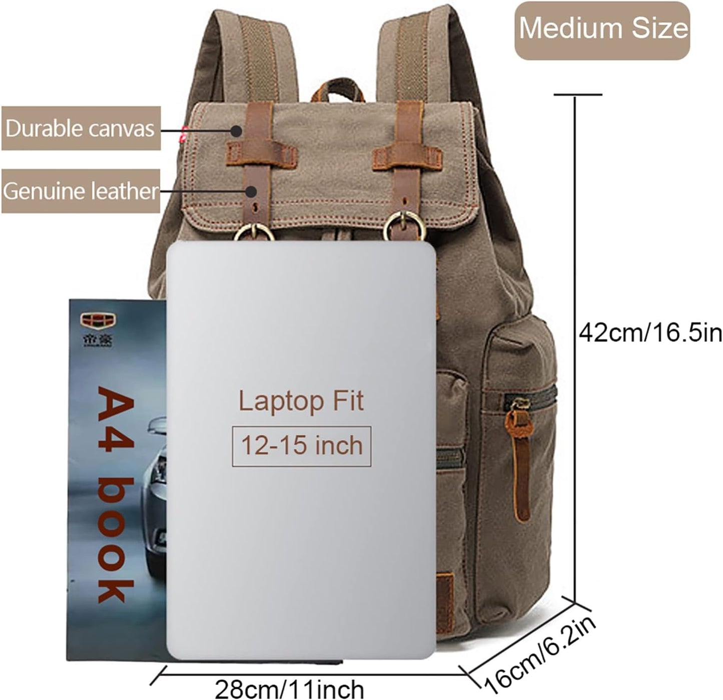 AUGUR Canvas Backpack,17 inch Laptop Backpack Vintage Canvas Leather Backpacks Casual School College Bag Pack Bookbag Hiking Travel Rucksack Daypack (L-Coffee)