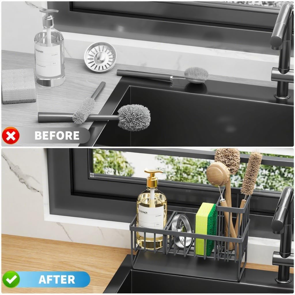 Cisily Kitchen Sink Caddy Organzier with High Brush Holder, Sponge Holder for Sink, 304 Rustproof Stainless, Kitchen Countertop Soap Dispenser Organizer, Kitchen Decor and Accessories (Black)
