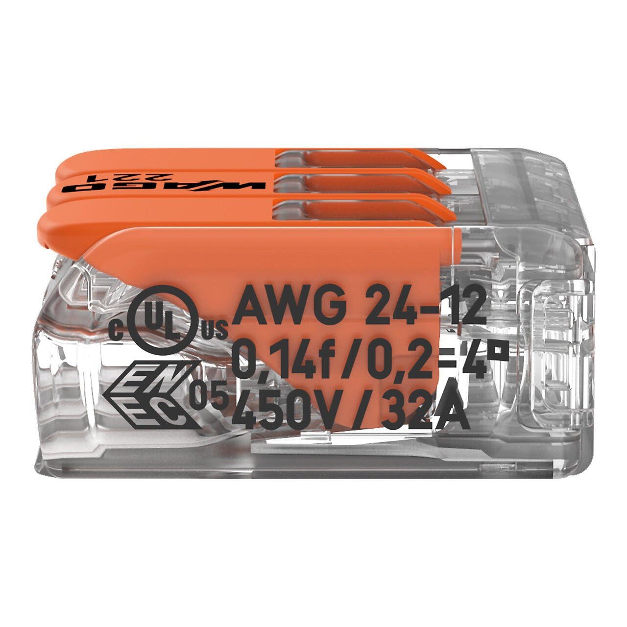Wago 221-413 Splicing Connector 3 Conductors 0.14-4 mm². Compact Design with Lever, Pack of 50 | Universal electrical terminal blocks for rigid and flexible cables, quick and secure connection with manual control lever