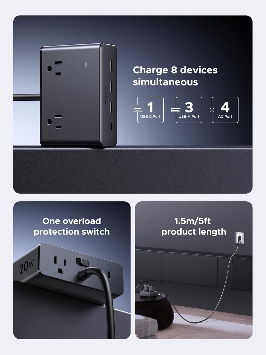 UGREEN Power Strip 20W, Max 8 in 1 USB C Charging Station GaN with 4 AC, 3 USB A, 1 USB C and 5ft Extension Cord, Power Bar Fast Charging Desktop Charger for Home, Office, Travel Essentials