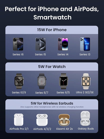 UGREEN MagSafe Qi2 15W 3-in-1 Wireless Charging Station, Foldable Wireless Charger Stand Compatible with iPhone 16/15/14/13/12 Series, AirPods 3/2/Pro, Smartwatch (Included 30W Adapter)