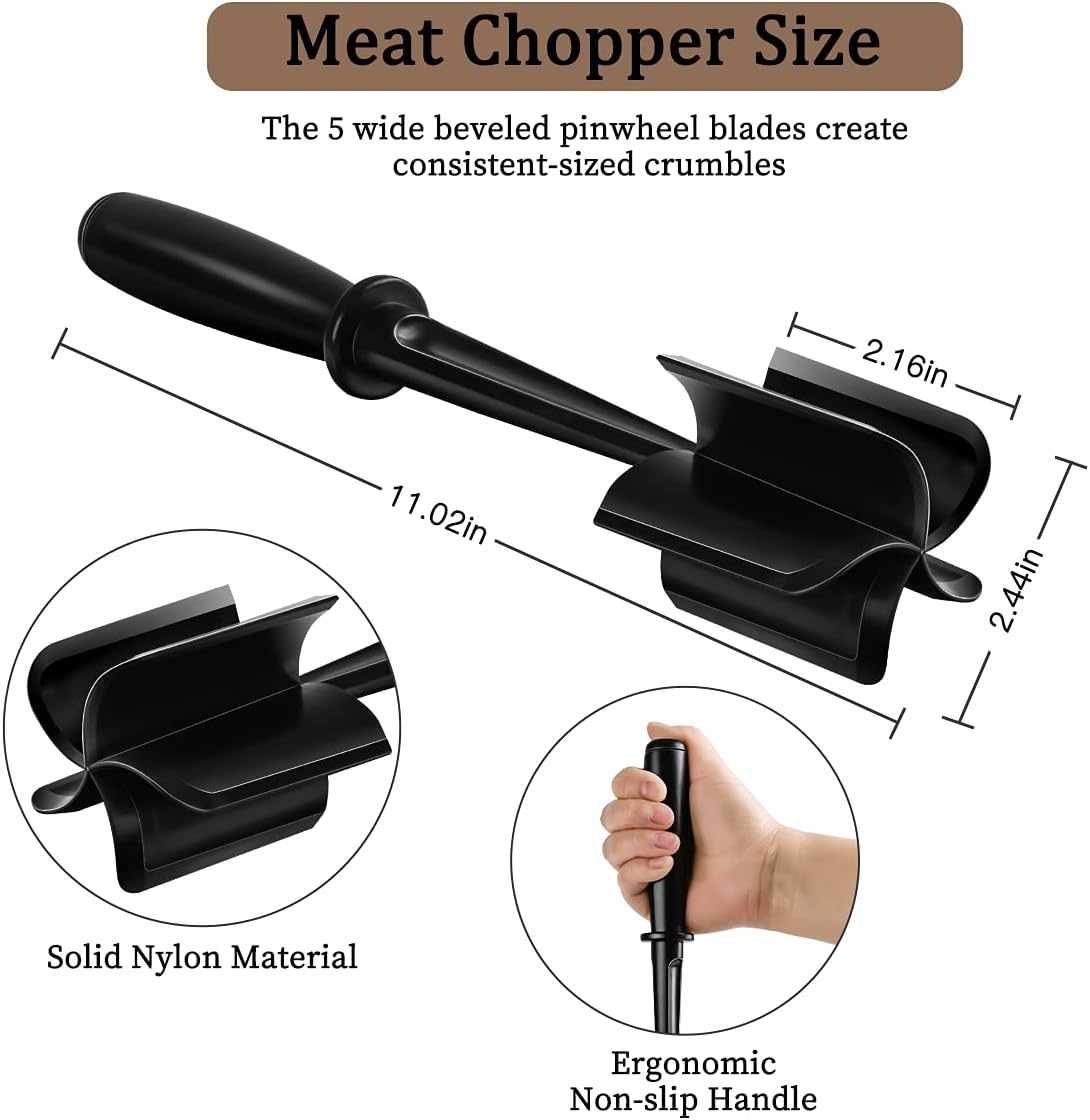 2-Pack Meat Chopper and Masher Tool – Heat Resistant Nylon Hamburger Chopper for Ground Meat, Potatoes, and Soft Foods, Non-Stick Safe Kitchen Utensil, Black - PuriLite