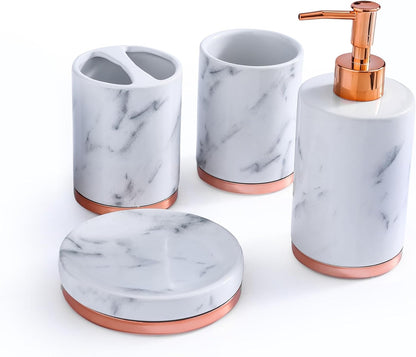 WPM 4 Piece Ceramic Bath Accessory Set | Includes Bathroom Designer Soap or Lotion Dispenser w/Toothbrush Holder, Tumbler, Soap Dish Choose from Purple, Black, Brown, Navy or Burgundy (Brown)