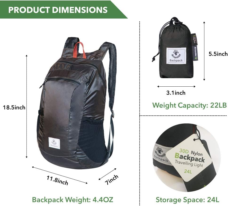 4Monster Hiking Daypack,Water Resistant Lightweight Packable Backpack for Travel Camping Outdoor