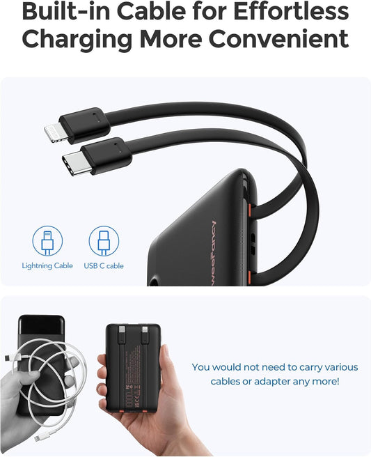 Mini Power Bank with Cable, 10000mAh Portable Charger with LED Display, 22.5W Fast Charge PowerBank, Lightweight & Small Battery Pack Applies to Smartphones, Travel Essential (Dark Black)
