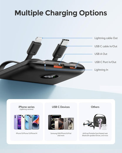 Mini Power Bank with Cable, 10000mAh Portable Charger with LED Display, 22.5W Fast Charge PowerBank, Lightweight & Small Battery Pack Applies to Smartphones, Travel Essential (Dark Black)