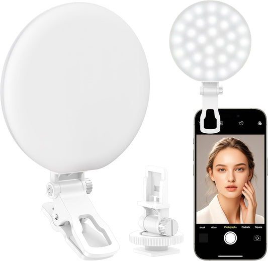 Anautin 60 LED Ring Light, Rechargeable Selfie Light with Front & Back Clip, 2500-6500K Portable Phone Light, Adjustable 3 Light Modes for iPhone, iPad, Tablet, Laptop, CRI97+, 90 Grams (White)