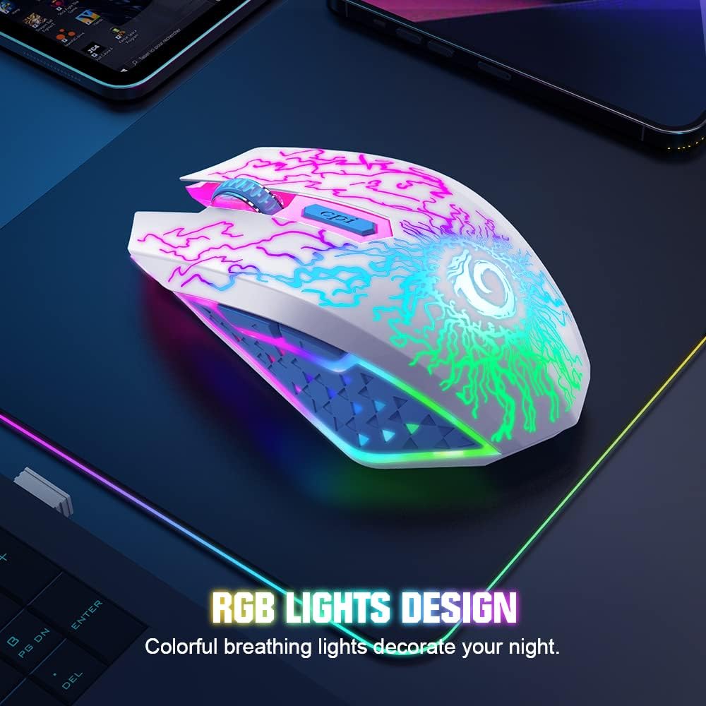 VersionTECH. Wireless Gaming Mouse Rechargeable Computer Mouse Mice Souris with Colorful LED Lights Silent Click 2.4G USB Nano Receiver 3 Level DPI for PC Gamer Laptop Desktop Chromebook Mac