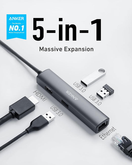 [Upgraded Version] Anker USB C Hub Adapter,5-in-1 USB C Adapter with 4K USB C to HDMI, Ethernet Port, 3 USB 3.0 Ports, for MacBook Pro, iPad Pro, XPS, Pixelbook, and More - PuriLite