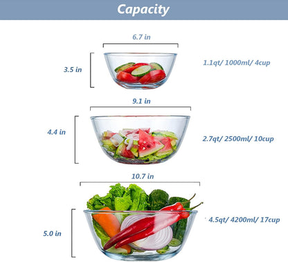 Whiterhino Glass Mixing Bowls with Lids Set of 3（4.5QT,2.7QT, 1.1QT, Large Clear Salad Fruit Nesting Bowl for Cooking,Baking,Prepping,Serving and Storage,Dishwasher and Microwave Safe