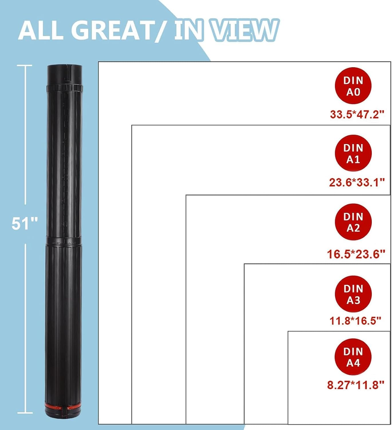 DEWEL Drawing Tube Blueprint Case Telescoping Art Tube Expands from 30”to 52”, Large Plastic Black Fishing Rods Storage Tube Waterproof and Light Resistant Poster Tube with Strap (XL Size)