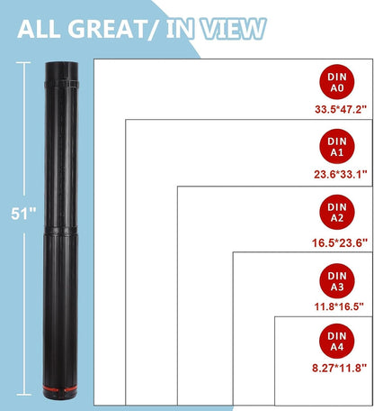 DEWEL Drawing Tube Blueprint Case Telescoping Art Tube Expands from 30”to 52”, Large Plastic Black Fishing Rods Storage Tube Waterproof and Light Resistant Poster Tube with Strap (XL Size)