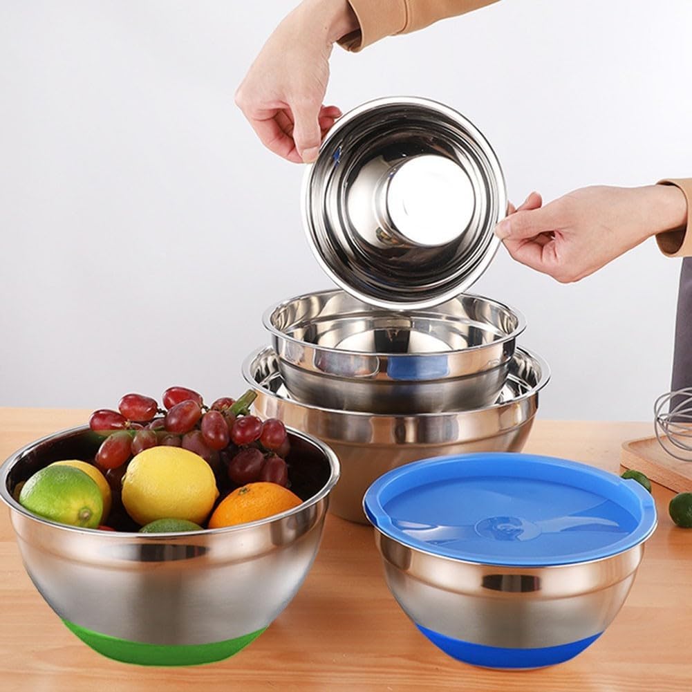 Stainless Steel Mixing Bowls With Airtight Lids, Colorful Silicone Flat Base Nesting Metal Bowls, Measurement Lines, Salad Bowl Cooking Bowl With Lid And Silicone Bottom(20cm)