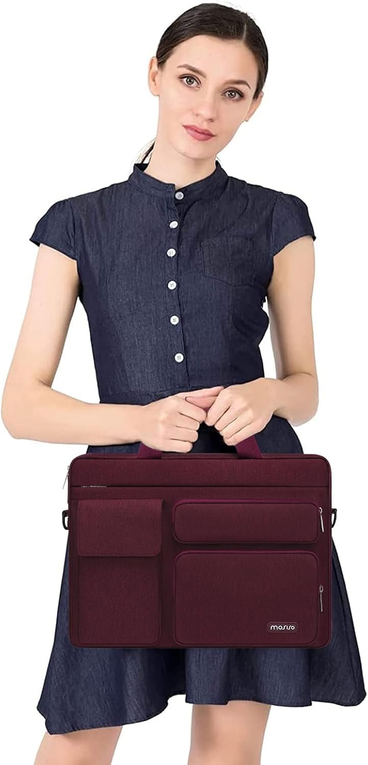 MOSISO Laptop Bag 16 inch, 15-15.6 inch Computer Shoulder Bag Compatible with MacBook Air 15 M4 M3 M2/Pro 16 M4 M3 M2 M1, Notebook &2 Raised&1 Flapover&1 Horizontal Pocket&Handle&Belt, Pink - PuriLite