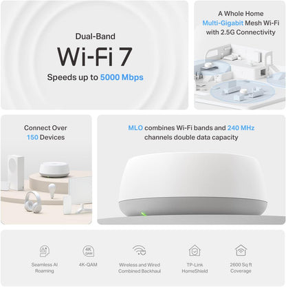 TP-Link Deco BE5000 Dual-Band WiFi 7 Mesh System (Deco BE25) – Supports 150+ Devices, 5GHz/2.4GHz, 2.5Gbps Ports, MLO, 4K-QAM, HomeShield Security, Universal Compatibility (3-Pack)