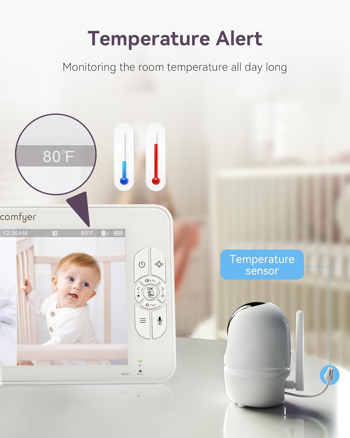 Comfyer 7" HD Split-Screen Baby Monitor with 2 Cameras, Video Baby Monitor with Camera and Audio, Flexible Bracket, Non-WiFi, VOX Mode, 2 Way Audio, Remote PTZ, Auto Night Vision