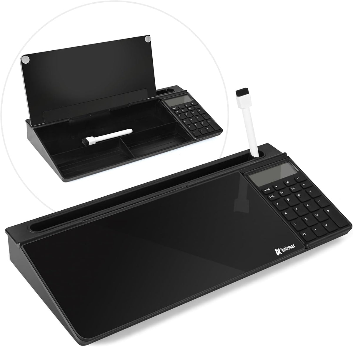 Varhomax Glass Desk Whiteboard Black with Calculator, Desktop Organizers Dry Erase White Board To-do List Memo Keyboard Stand with Accessories for Home School Office Supplies